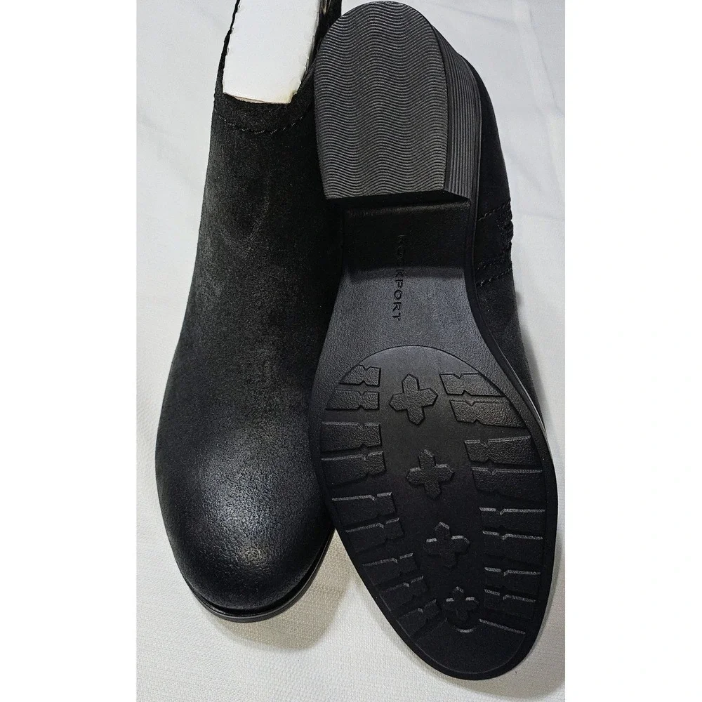 Rockport‎ Dorset Black Leather Ankle Boots Block Heel Side Zip CH0205 Womens 8.5